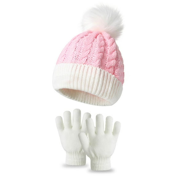 Piuwrlz Girls Boys Winter Hats Glove 2 Piece Set Children's Knitted Windproof Gloves Pink Size Free Size