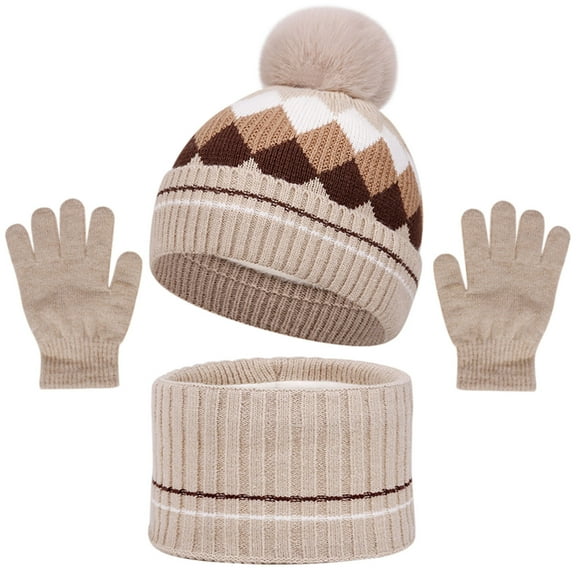 Piuwrlz Girls Boys Winter Hats Scarves Glove Children's 3 Piece Set Classic Knitted Plush Windproof Gloves Khaki Size Free Size
