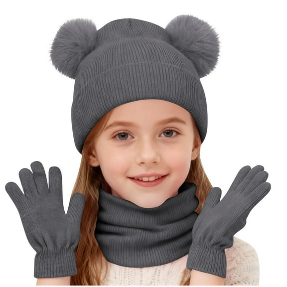 Piuwrlz Girls Boys Winter Hats Scarves Glove Children's 3 Piece Set Solid Color Thickened Plush Windproof Gloves Gray Size 2-12 Years