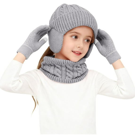 Piuwrlz Girls Boys Winter Hats Scarves Glove Children's 3 Piece Set Solid Color Thickened Plush Windproof Gloves Gray Size 2-18 Years