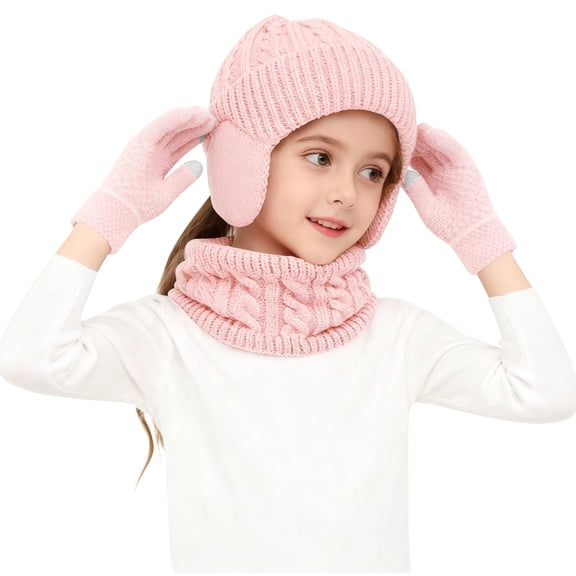 Piuwrlz Girls Boys Winter Hats Scarves Glove Children's 3 Piece Set Solid Color Thickened Plush Windproof Gloves Pink Size 2-18 Years