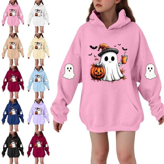 Piuwrlz Girls Hood Halloween Sweatshirts Kids Pattern Hat Hoodies Long Sleeve Pullover Khaki Size 9-10Years
