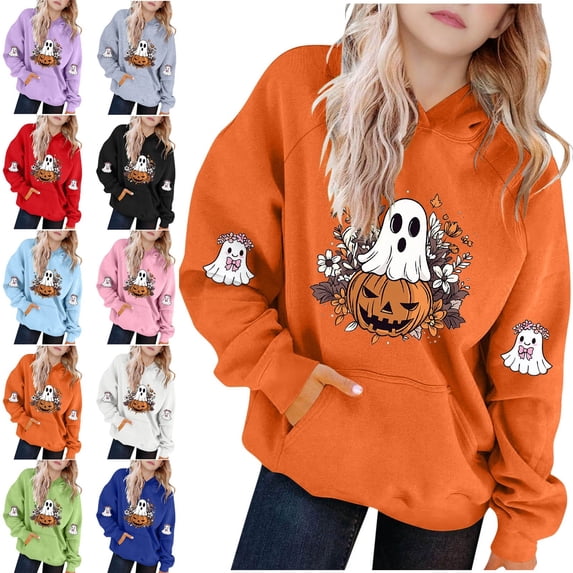Piuwrlz Girls Hood Halloween Sweatshirts Kids Pattern Hat Hoodies Long Sleeve Pullover Purple Size 12 Years