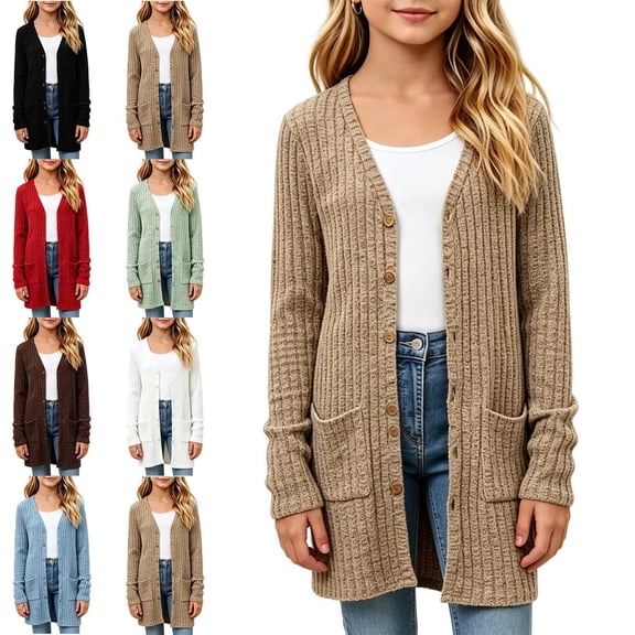 Piuwrlz Girls Knitwear Cardigan Kids Plain Knit Sweater Long Sleeve Outwear Jacket Brown Size 7-8 Years