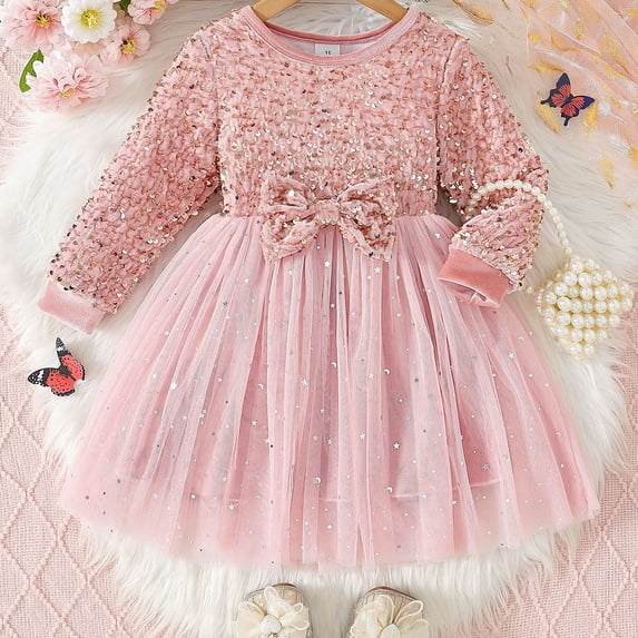 Piuwrlz Girls Long Sleeve Dresses Sets Girl 1PC Tops and Mesh Skirt Sets Pink Size 7 Years