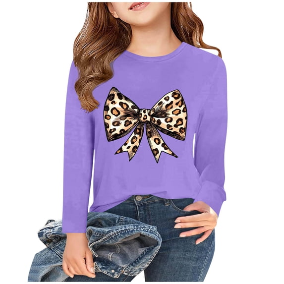 Piuwrlz Girls Long Sleeve T-Shirt Kids Cotton Shirts New Printed Bow-knot Round Neck T Shirt Tops Purple Size 9-10 Years