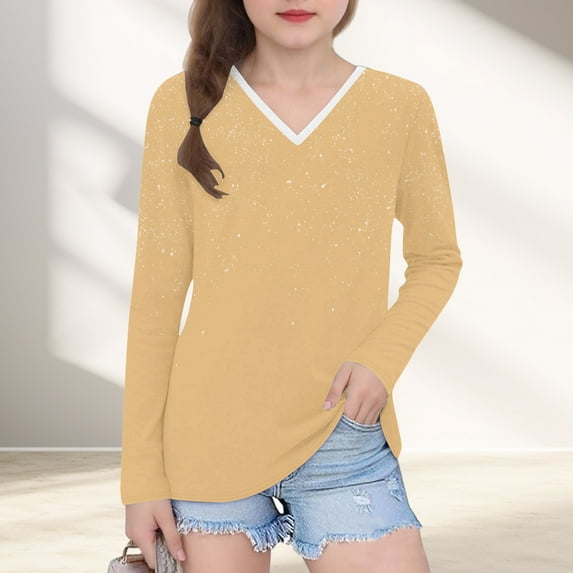 Piuwrlz Girls Long Sleeve T-Shirt Kids Cotton Shirts Printed Solid Color V-neck V-neck T Shirt Tops Beige Size 9 Years