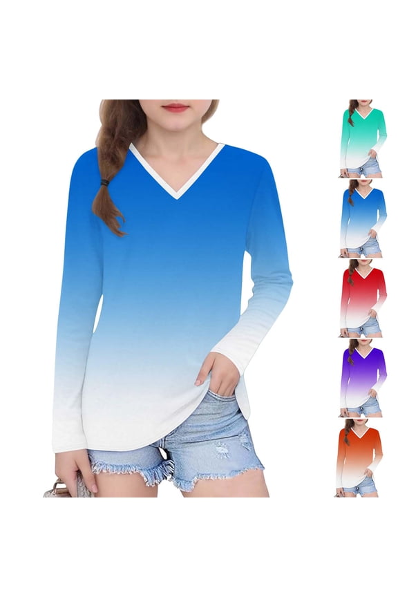 Girls Long Sleeve T-Shirt Kids Cotton Shirts Printed V-neck V-neck T Shirt Tops Purple Size 5 Years