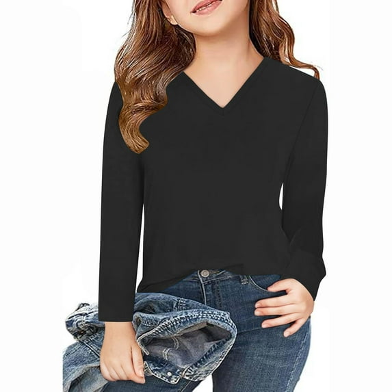 Piuwrlz Girls Long Sleeve T-Shirt Kids Cotton Shirts V-neck V-neck T Shirt Tops Black Size 5 Years