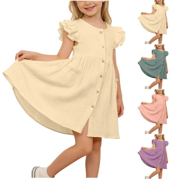 Piuwrlz Girls Play Casual Dresses Girl Summer Dresses Crew Neck Cotton Pleated Skirts Purple Size 7-8Years