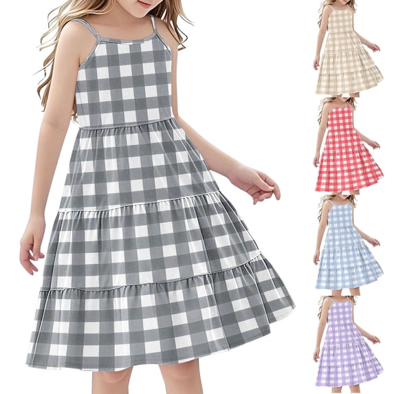 Piuwrlz Girls Play Casual Dresses Girl Summer Dresses Stripe Pleated Skirts Gray Size 11 Years
