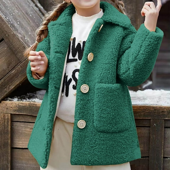 Piuwrlz Girls Plush Jackets Kids Winter Fleece Outerwear Fashionable Solid Color Lapel Collar Cotton for Girl Jacket Green Size 3 Years