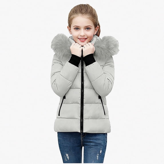 Piuwrlz Girls Puffer Coat with Hood Pocket Kids Zipper Windbreaker Jackets Fuzz Collar Parka Outerwear Gray Size 13-14 Years