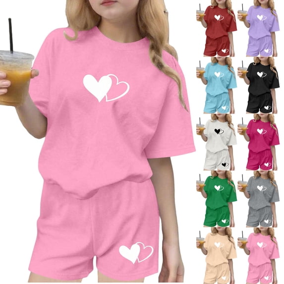 Piuwrlz Girls Short Sets Girl Outfit Set Suummer Crew Neck T-Shirt and Shorts Set Red Size 4-5Years