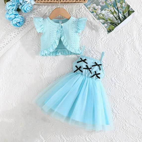 Piuwrlz Girls Short Sleeved Jacket and Skirt Sets Dress Set Bow-knot Solid Color Skirts Suits Blue Size 18 Months