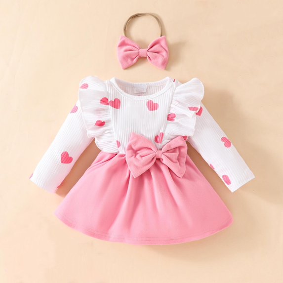 Piuwrlz Girls Skirt Sets Long Sleeved Sweatershirt Mesh Dress Set Bow-knot Printed Skirts Suits Pink Size 6 Months