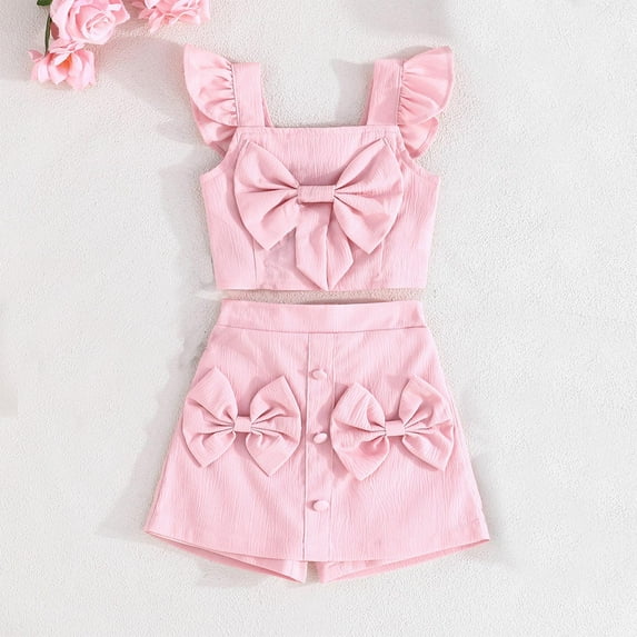 Piuwrlz Girls Skirt Sets Sleeveless Vests Mesh Dress Set Bow-knot Solid Color Skirts Suits Pink Size 5 Years