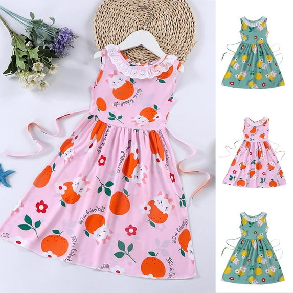 Piuwrlz Girls Summer Dresses Girl Casual Play Dresses Suspender Crew Neck Pleated Skirts Pink Size 4 Years