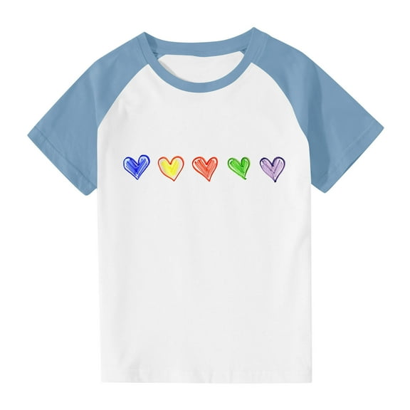 Piuwrlz Hearts Printed Short T-Shirts Sleeve Kids Girls Round Neck Shirt Printed Fashionable Shirt Top Light Blue Size 7 Years