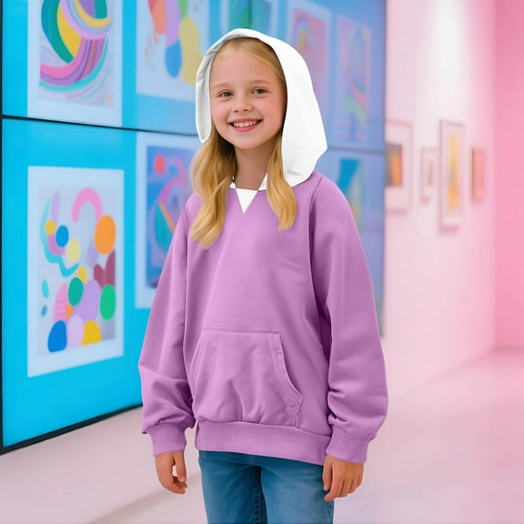 Piuwrlz Hood Sweatshirts Childrens Girls Boys Long Sleeve Solid Color Hoodies Pocket Round Neck Hoodie Purple Size 9 Years