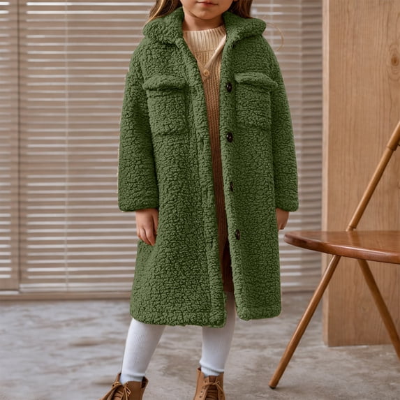 Piuwrlz Girls Plush Jackets Kids Winter Fleece Outerwear Pocket for Girl Jacket Army Green Size 150