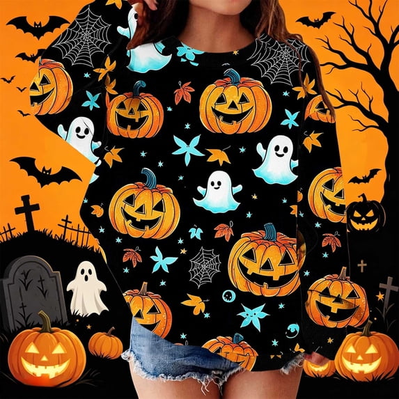 Piuwrlz Kid Halloween Pattern Hoodies Girls No Hat Sweatshirts Long Sleeve Pullover Multicolor Size 1-2 T