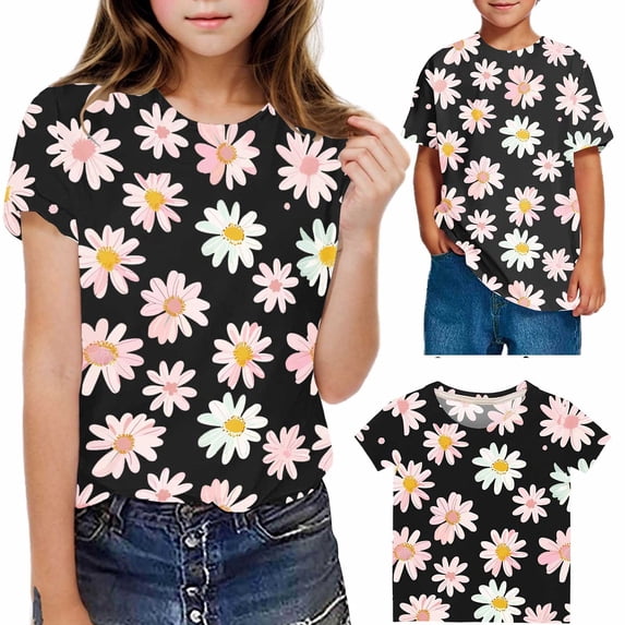 Piuwrlz Kid Round Neck T-Shirts Girls Short Sleeve Sweatshirt Printed Fashionable Cotton Shirt Top Black Size 5 Years