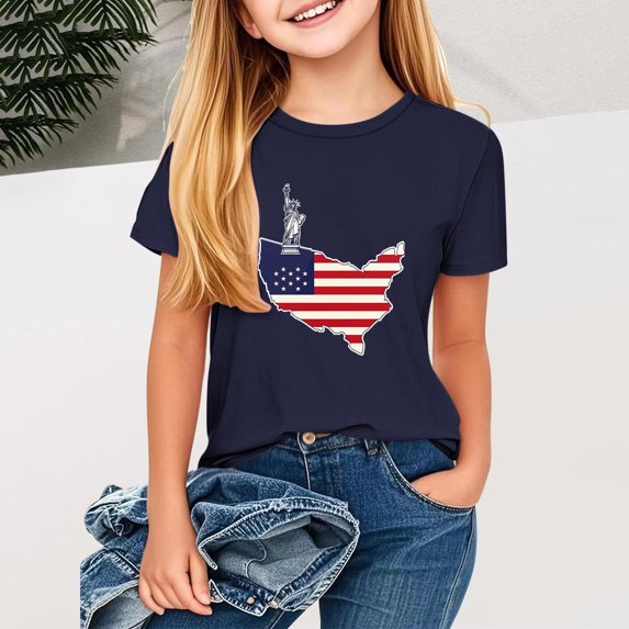 Piuwrlz Kid Round Neck T-Shirts Girls Short Sleeve Sweatshirt Printed Loose Blouses Shirt Top Navy Size 12 Years
