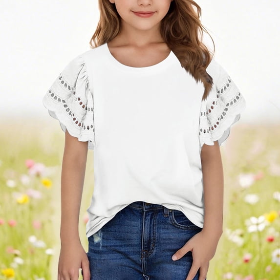 Piuwrlz Kid Round Neck T-Shirts Girls Short Sleeve Sweatshirt Solid Color Pullover Blouses Shirt Top White Size 7 Years