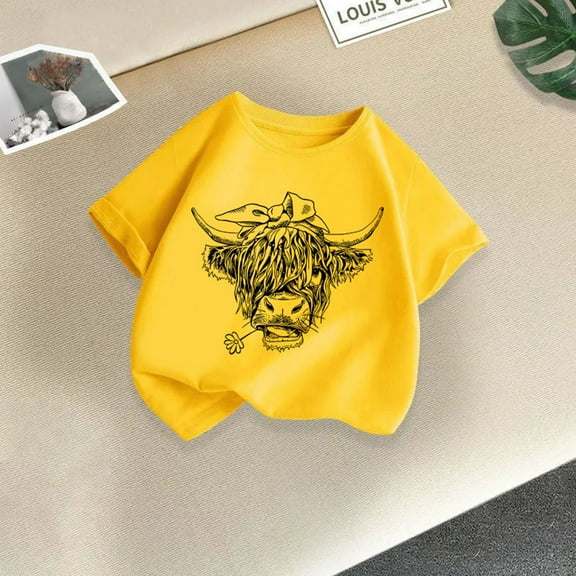 Piuwrlz Kid Short Sleeve Sweatshirt Girls T-Shirts Fashionable Printed Round Neck Blouses Cotton T Shirt Top Yellow Size 12-13 Years