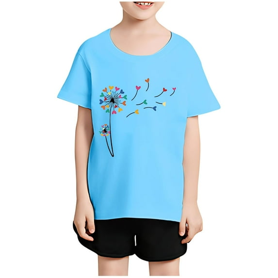 Piuwrlz Kid Short Sleeve Sweatshirt Girls T-Shirts Solid Color Round Neck Cotton T Shirt Top Light Blue Size 10 Years