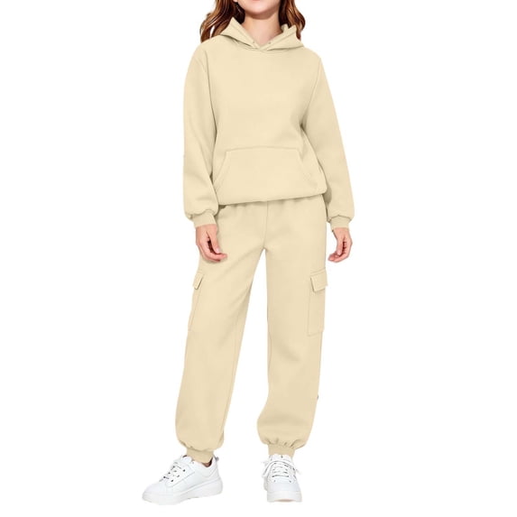 Piuwrlz Kids 2-Piece Hoodies Outfits Sets,Girls Cotton Sweatshirt Pants Fashion Set Beige Size 9-10 Years