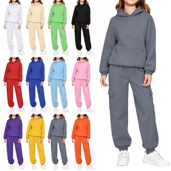 Piuwrlz Kids 2-Piece Hoodies Outfits Sets,Girls Cotton Sweatshirt Pants Fashion Set Dark Gray Size 13-14 Years