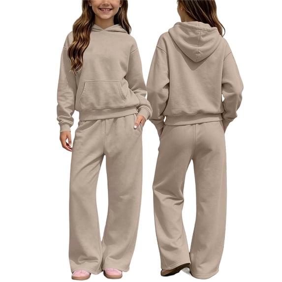 Piuwrlz Kids 2-Piece Hoodies Outfits Sets,Girls Cotton Sweatshirt Pants Fashion Set Khaki Size 7-8 Years