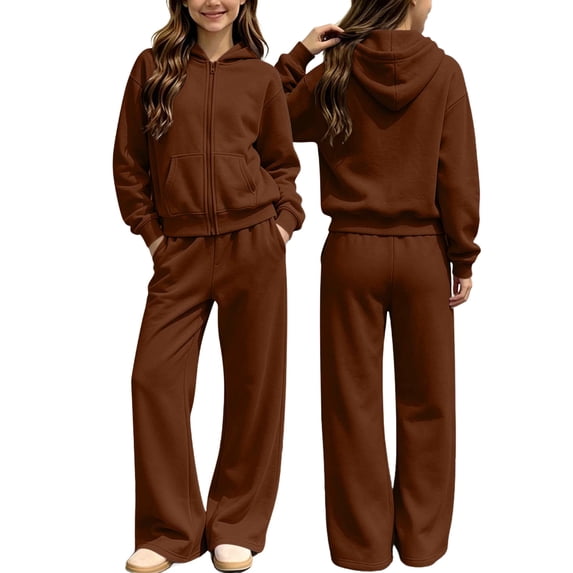 Piuwrlz Kids 2-Piece Hoodies Outfits Sets,Girls Zipper Cotton Sweatshirt Pants Fashion Set Brown Size 5-6 Years