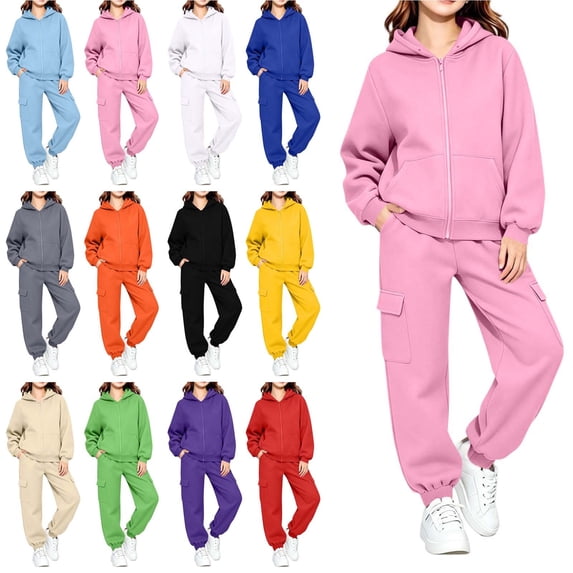 Piuwrlz Kids 2-Piece Hoodies Outfits Sets,Girls Zipper Cotton Sweatshirt Pants Fashion Set Pink Size 7-8 Years
