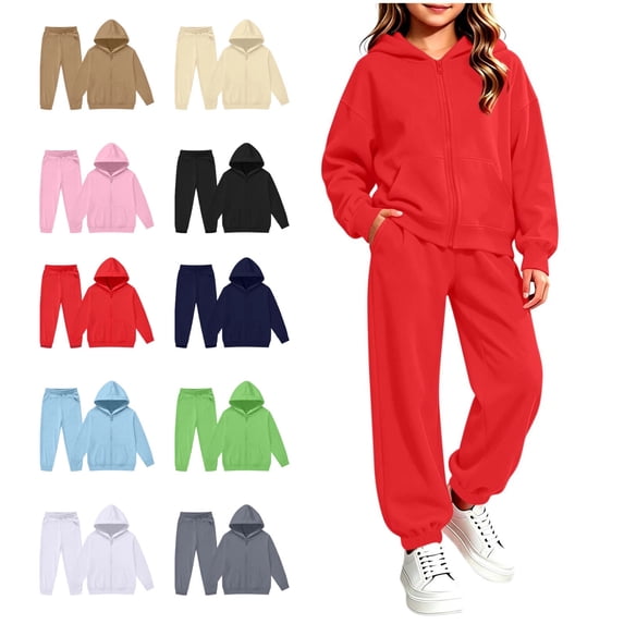 Piuwrlz Kids 2-Piece Hoodies Outfits Sets,Girls Zipper Cotton Sweatshirt Pants Fashion Set Red Size 13-14 Years