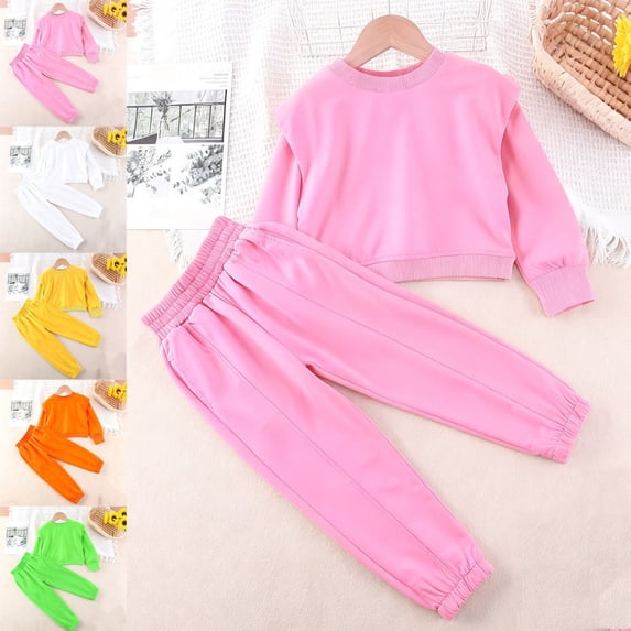 Piuwrlz Kids 2-Piece Outfits Sets,Girls Crew Neck Cotton Sweatshirt Pants Fashion Set Pink Size 3-4 T