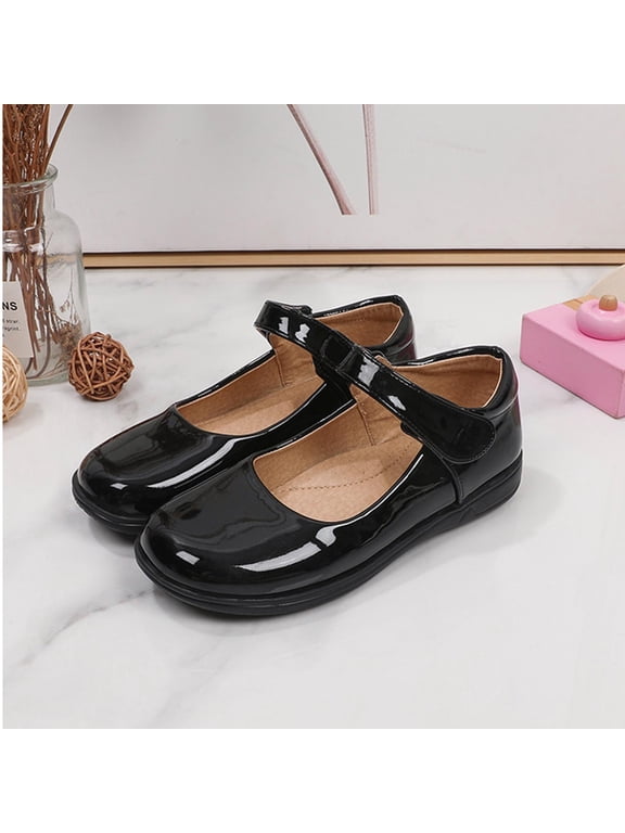 Kids Closed Toe Shoe Girls Soft Soled Imitation Leather Shoes Flat Heel Solid Color Dance Dress Ballet Flats Black Size 6 Years