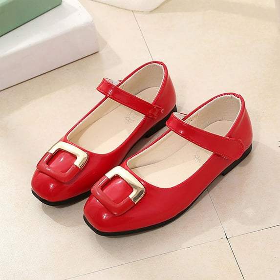Piuwrlz Kids Closed Toe Shoe Girls Soft Soled Imitation Leather Shoes Solid Color Dance Low Heel Dress Flats Red Size 10 Years