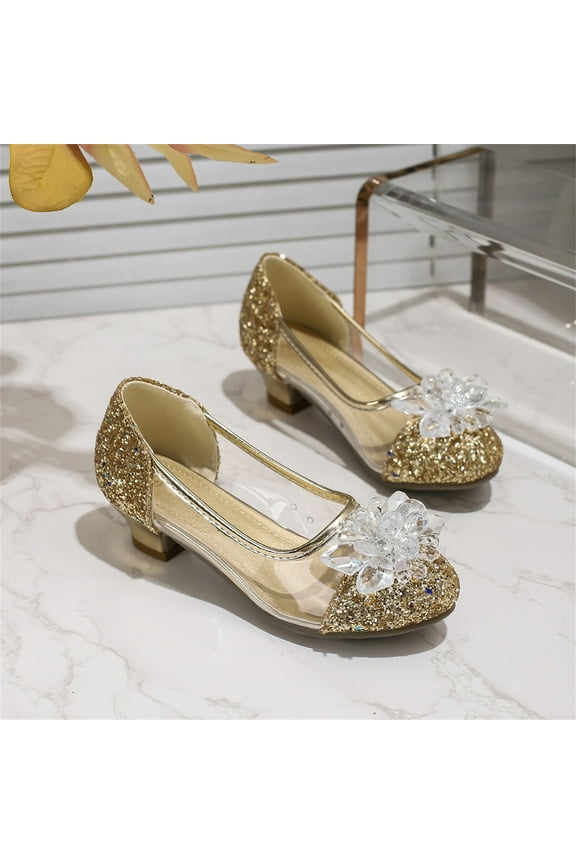 Kids Glitter Crystal Shoes Girls Closed Toe Shoe Low Heel New Dance Dress Flats Gold Size 4.5 Years