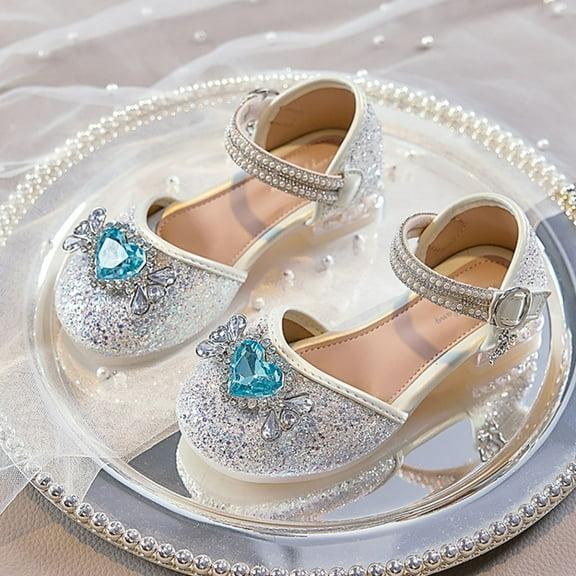 Piuwrlz Kids Glitter Crystal Shoes Girls Closed Toe Shoe Low Heel New Dress Flats White Size 29