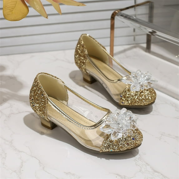 Piuwrlz Kids Glitter Crystal Shoes Girls Closed Toe Shoe Low Heel New Dance Dress Flats Gold Size 13 Years
