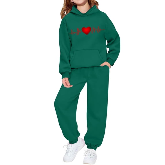 Piuwrlz Kids Hoodies Outfits Sets,Girls Heart Pattern Sweatshirt Pants Fashion Set Green Size 4-5 T