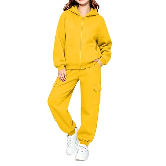 Piuwrlz Kids Hoodies Outfits Sets,Girls Zipper Cotton Sweatshirt Pants Fashion Set Yellow Size 13-14 Years