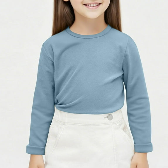 Piuwrlz Kids Long Sleeve Shirts Girls T-Shirts Comfortable Solid Color Round Neck T Shirt Tops Blue Size 4 Years