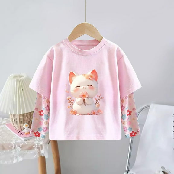 Piuwrlz Kids Long Sleeve Shirts Girls T-Shirts Printed Round Neck T Shirt Tops Pink Size 7 Years