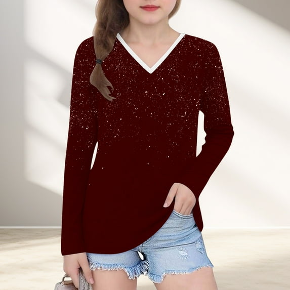 Piuwrlz Kids Long Sleeve Shirts Girls T-Shirts Printed Solid Color V-neck V-neck T Shirt Tops Wine Size 9 Years