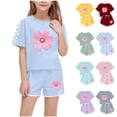 thumbnail image 1 of Piuwrlz Kids Outfit Set for Girls Summer Short Sets Printed Round Neck Tight Shirt T-Shirt and Shorts Set Sky Blue Size 7 Years, 1 of 9