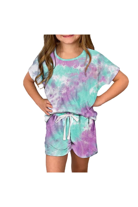 Kids Outfit Set for Girls Summer Short Sets Printed Round Neck Tight Shirt Tie Dyeing T-Shirt and Shorts Set Green Size 4 Years